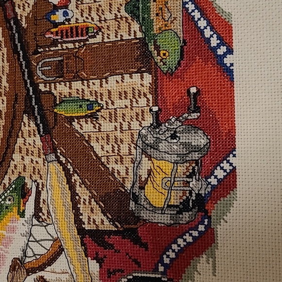 Vintage Fisherman's Fishing Gear Finished Cross Stitch Sampler - Picture 9 of 16
